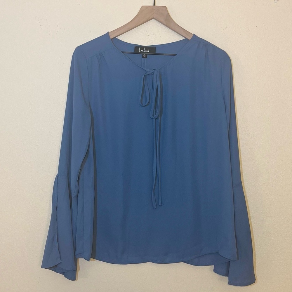 Lulu's Dusty Blue Tie Neck Blouse Bell Sleeve Romantic Boho Chic Flowy Office